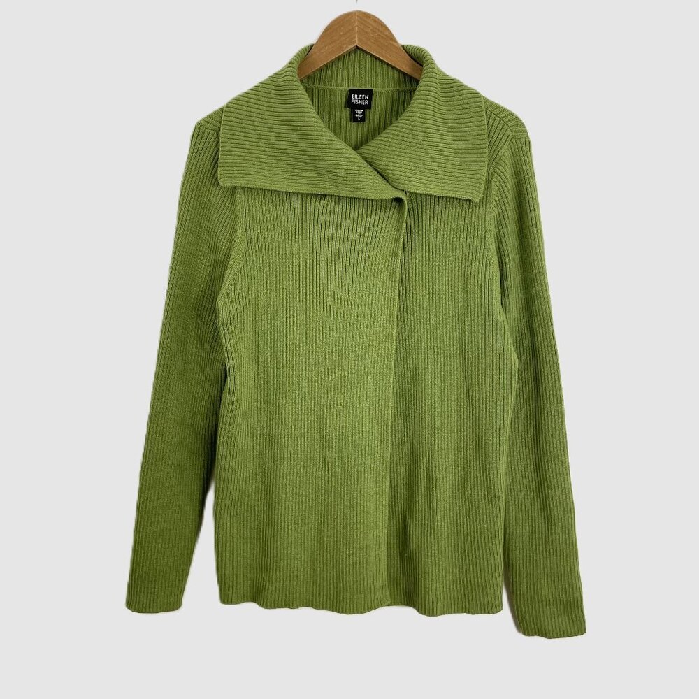 Eileen Fisher Italian Merino Wool Ribbed Snap Neck Cardigan